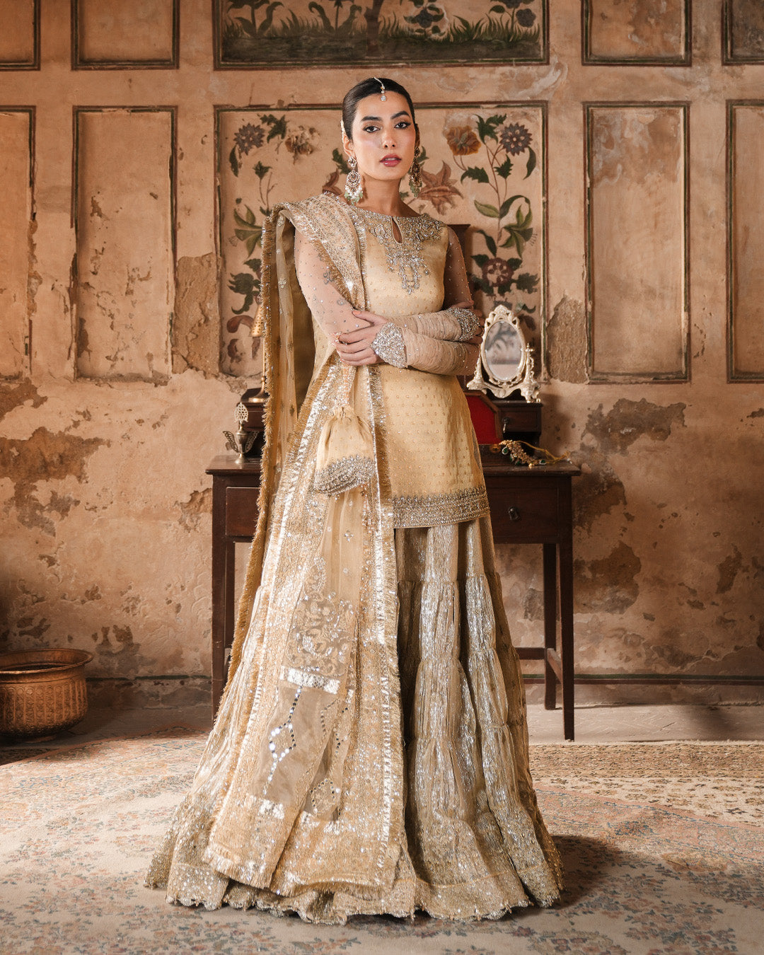 Gold Embroidered Kundan Zari Net Gharara (3-Piece) - Image 6