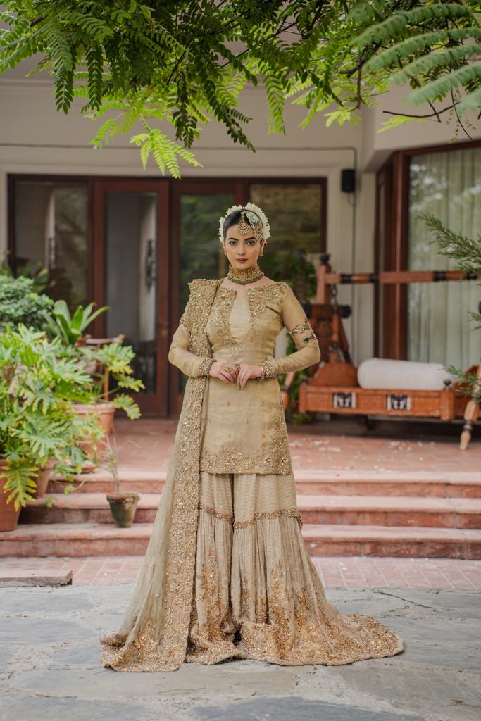 Gold Zardozi Masoori Shirt & Chikankari Gharara (3-Piece) - Image 3