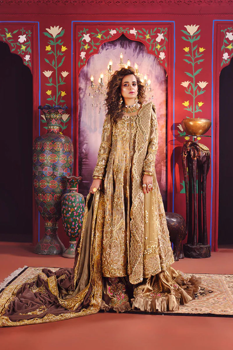 Gold Zardozi Metallic Silk Peshwas Dress (3-Piece) - Image 2