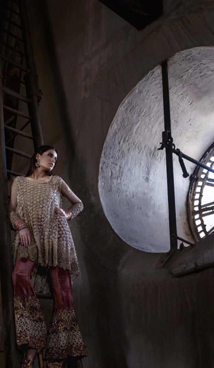 Pakistani Gold Embellished Kurta with Maroon Gharara (2-Piece) - Image 1