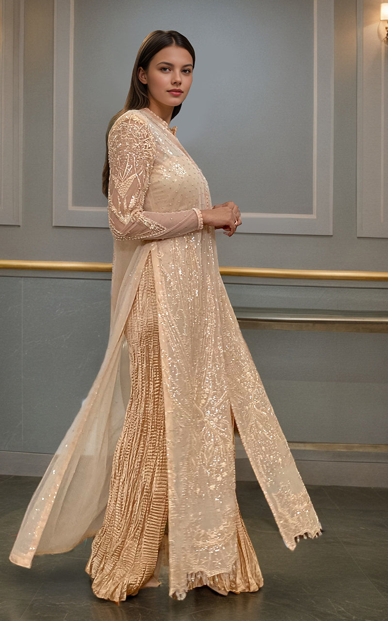 Champagne Embroidered Net Long Jacket Gharara (2-Piece) - Image 1