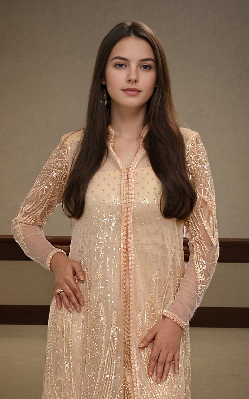 Champagne Embroidered Net Long Jacket Gharara (2-Piece) - Image 2
