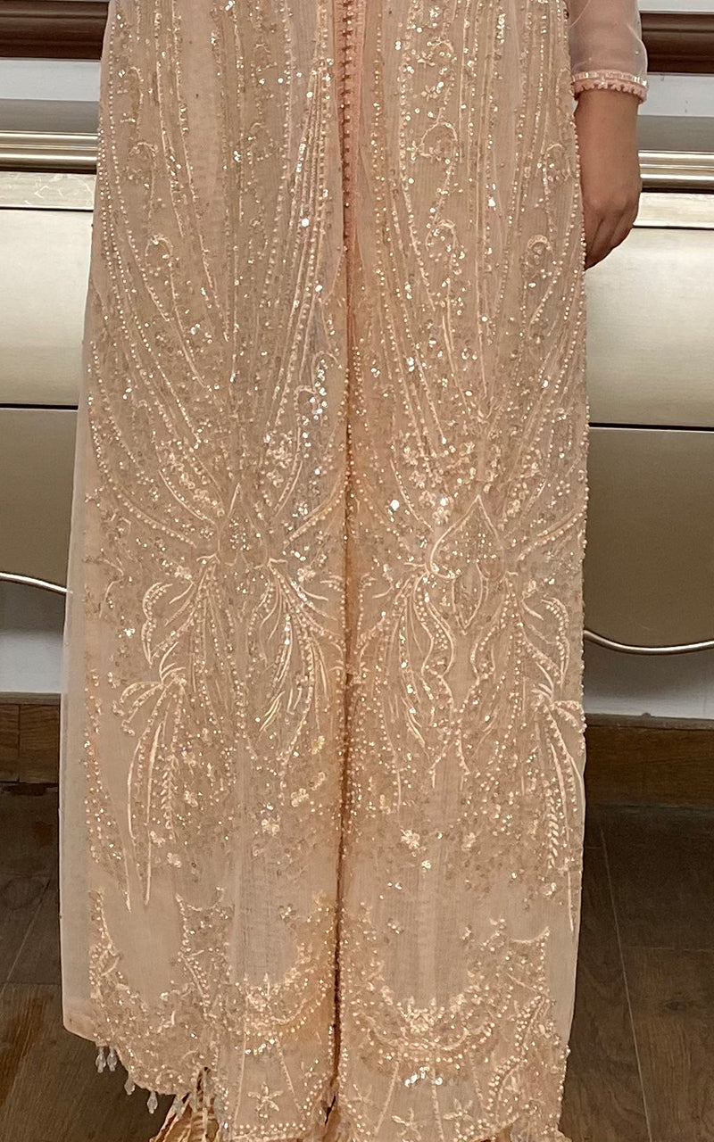 Champagne Embroidered Net Long Jacket Gharara (2-Piece) - Image 4