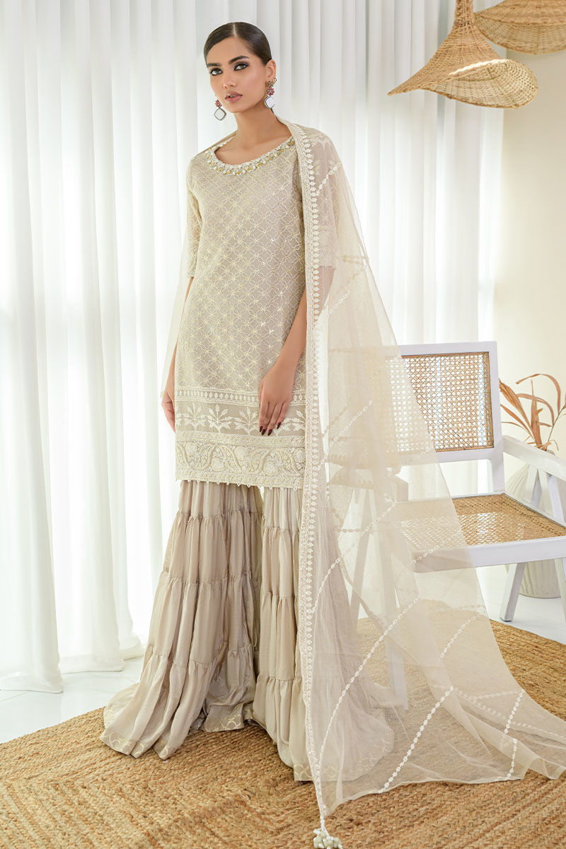 Beige Gold Embroidered Net Gharara (3-Piece) - Image 2