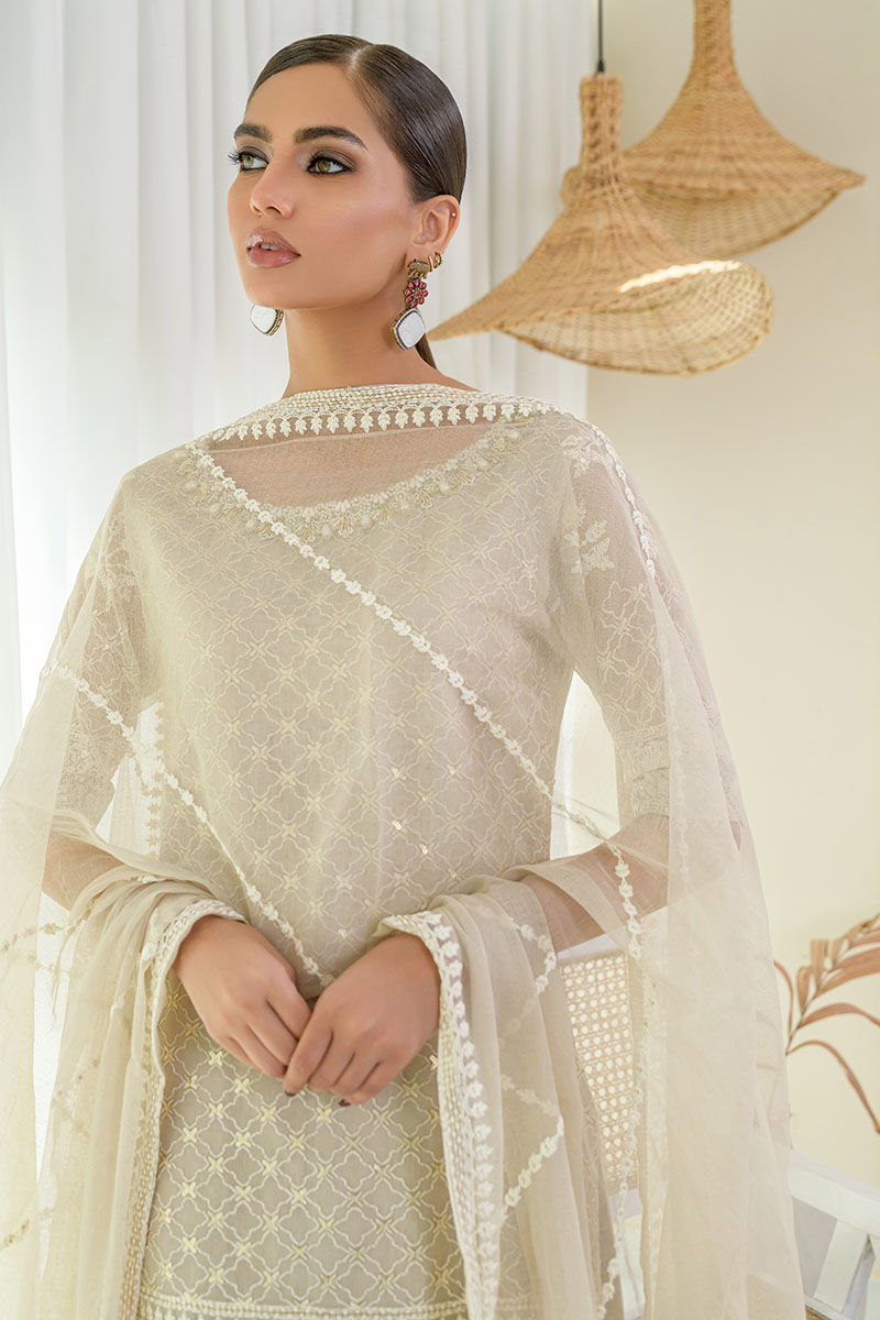 Beige Gold Embroidered Net Gharara (3-Piece) - Image 4