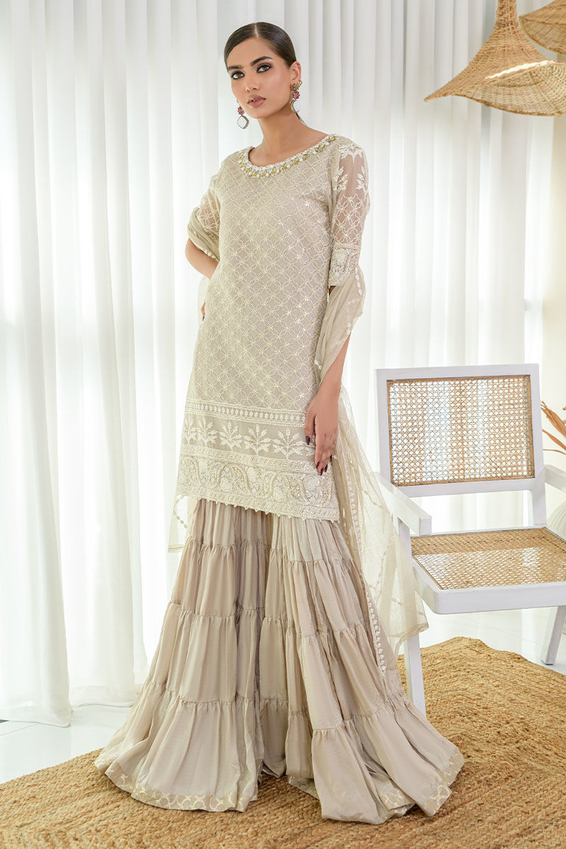 Beige Gold Embroidered Net Gharara (3-Piece) - Image 7