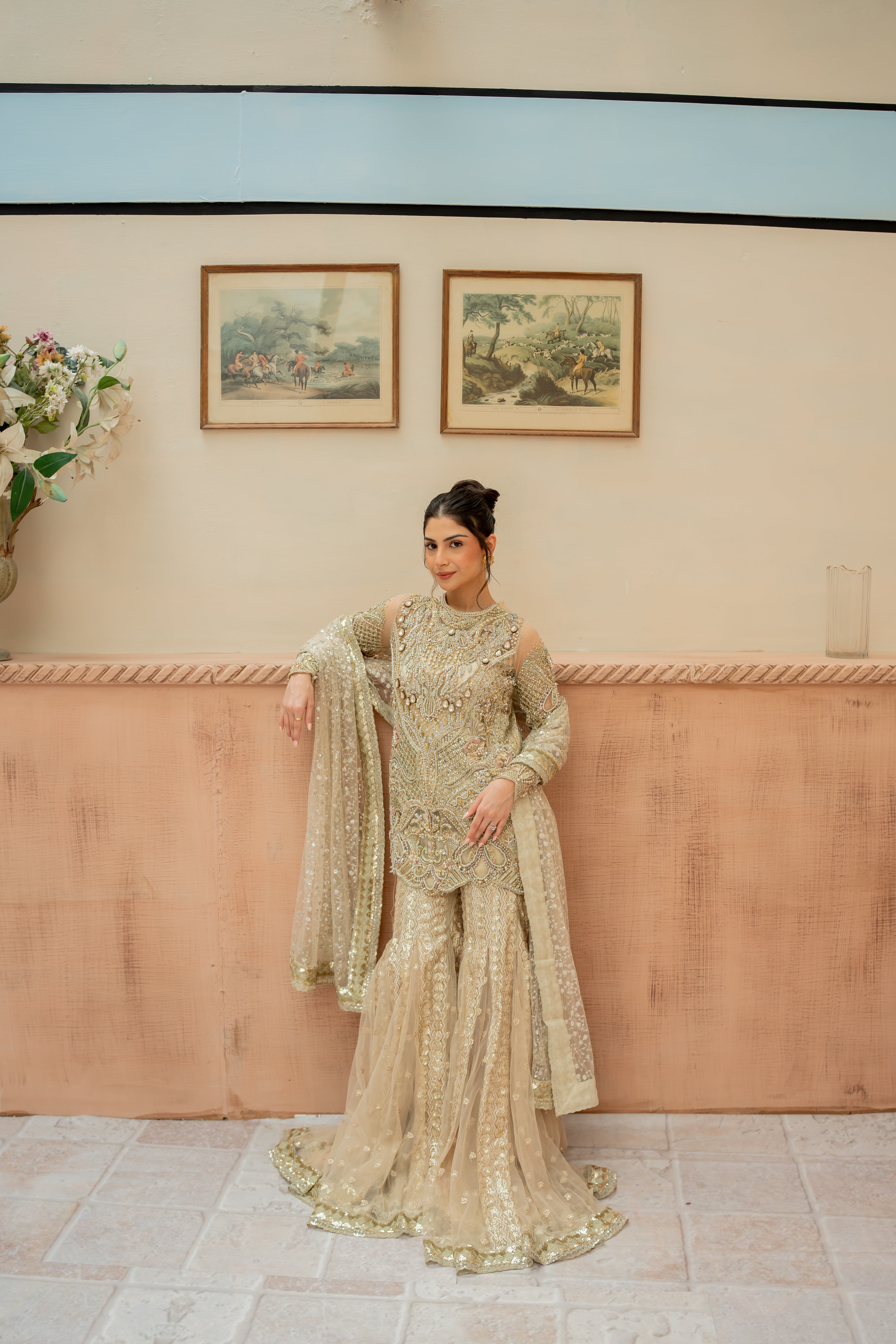 Pakistani Golden Embellished Net Gharara Set (3-Piece) - Image 1