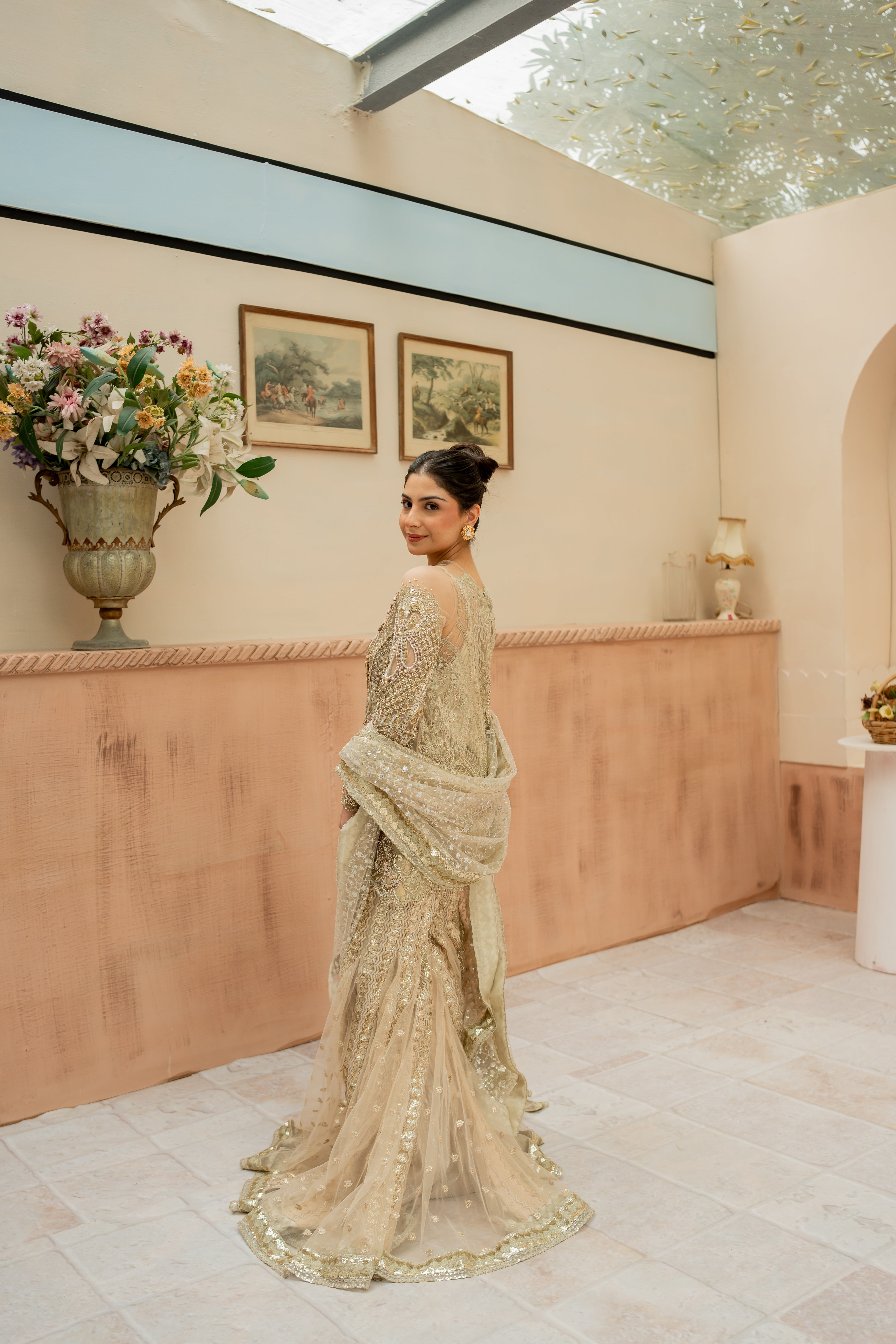 Pakistani Golden Embellished Net Gharara Set (3-Piece) - Image 2