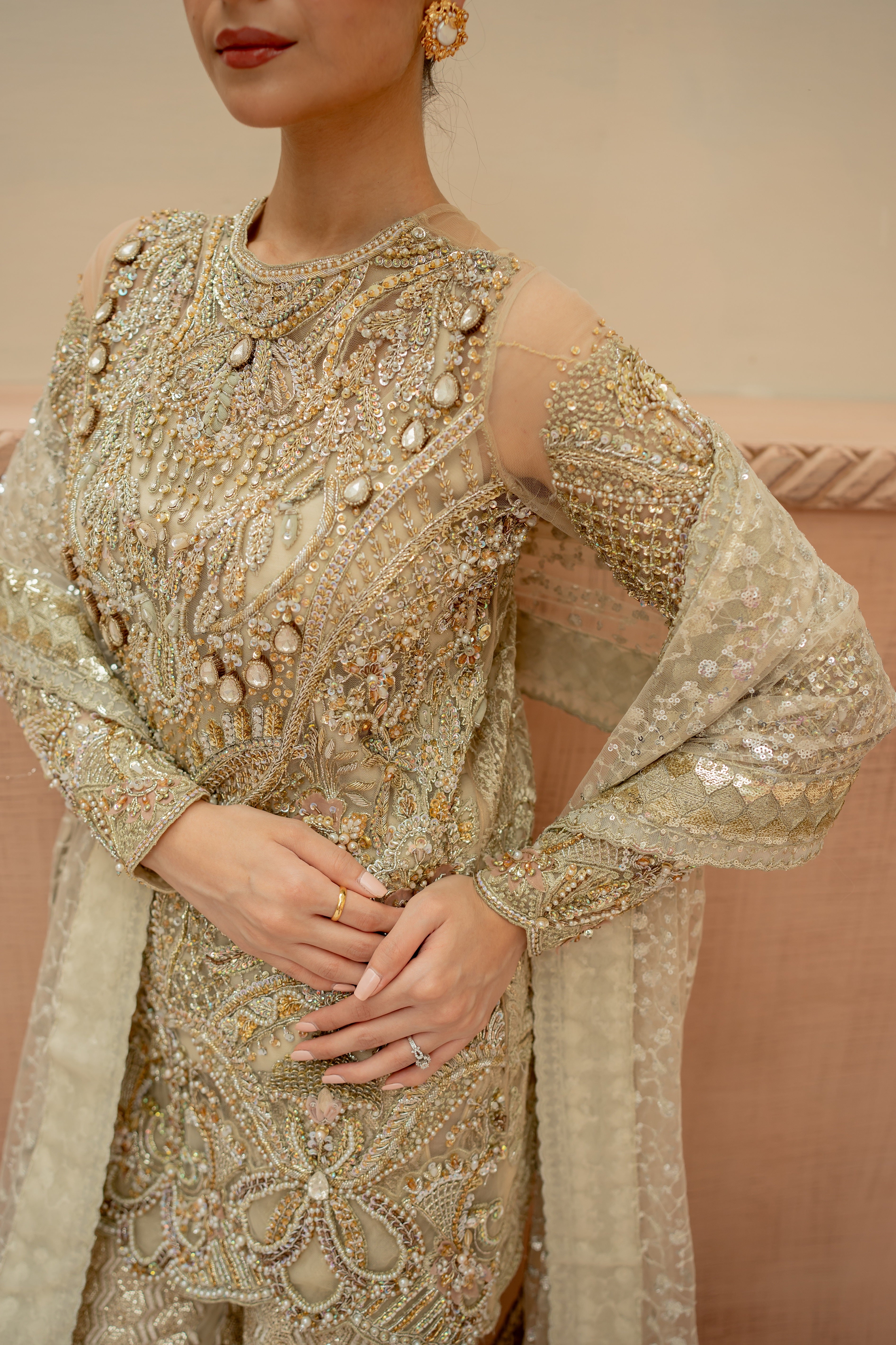 Pakistani Golden Embellished Net Gharara Set (3-Piece) - Image 3
