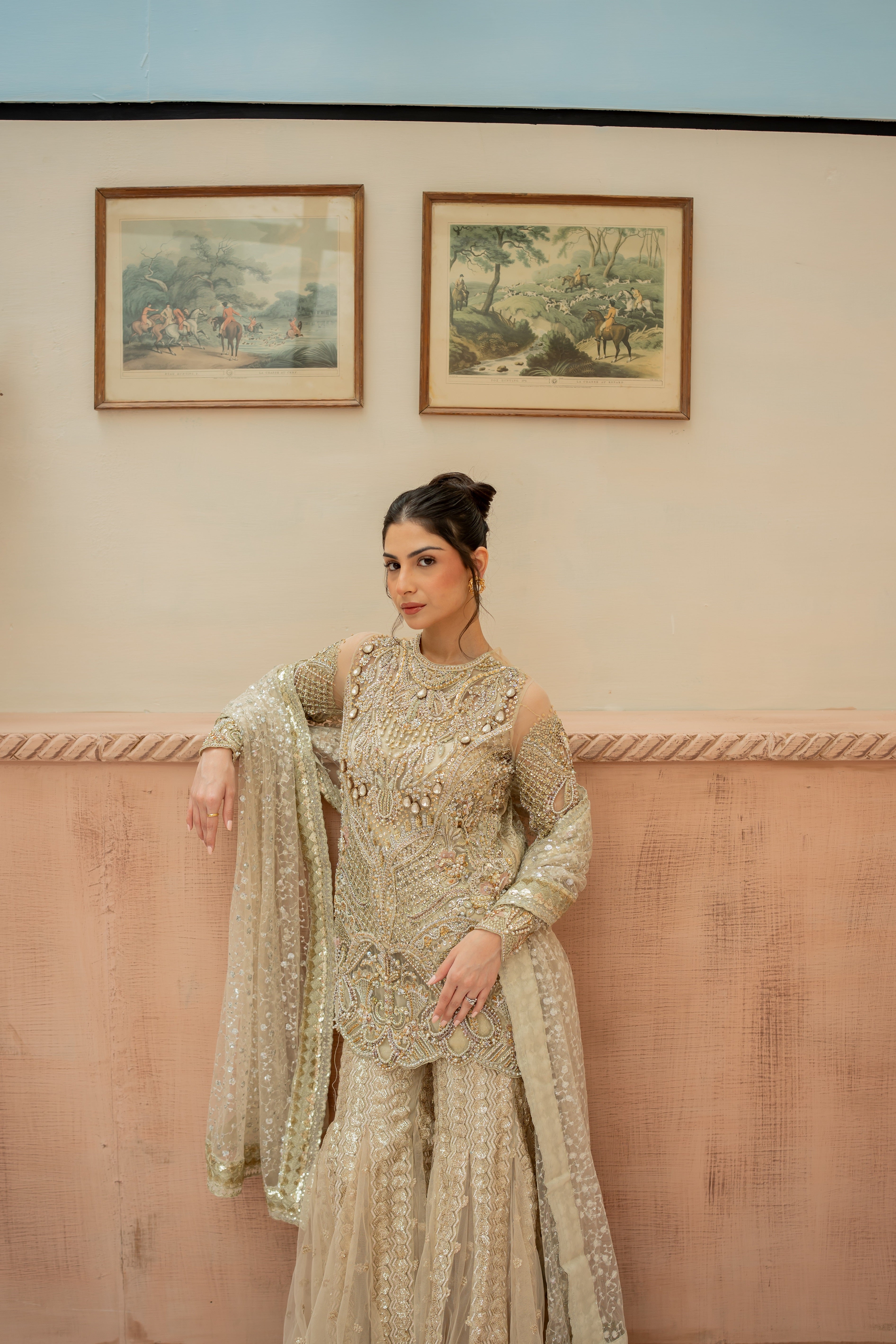 Pakistani Golden Embellished Net Gharara Set (3-Piece) - Image 4