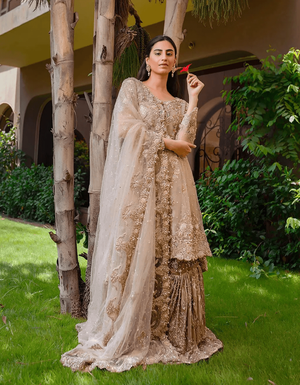 Gold Embellished Net Gharara Set (3-Piece) - Image 3