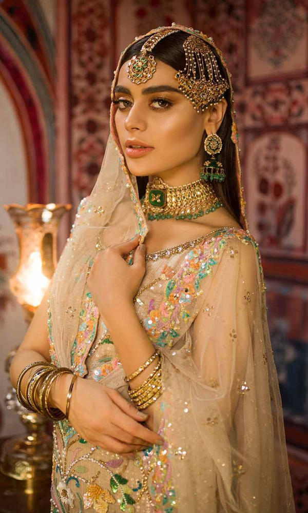 Champagne Embroidered Net Gharara Set (3-Piece) - Image 5