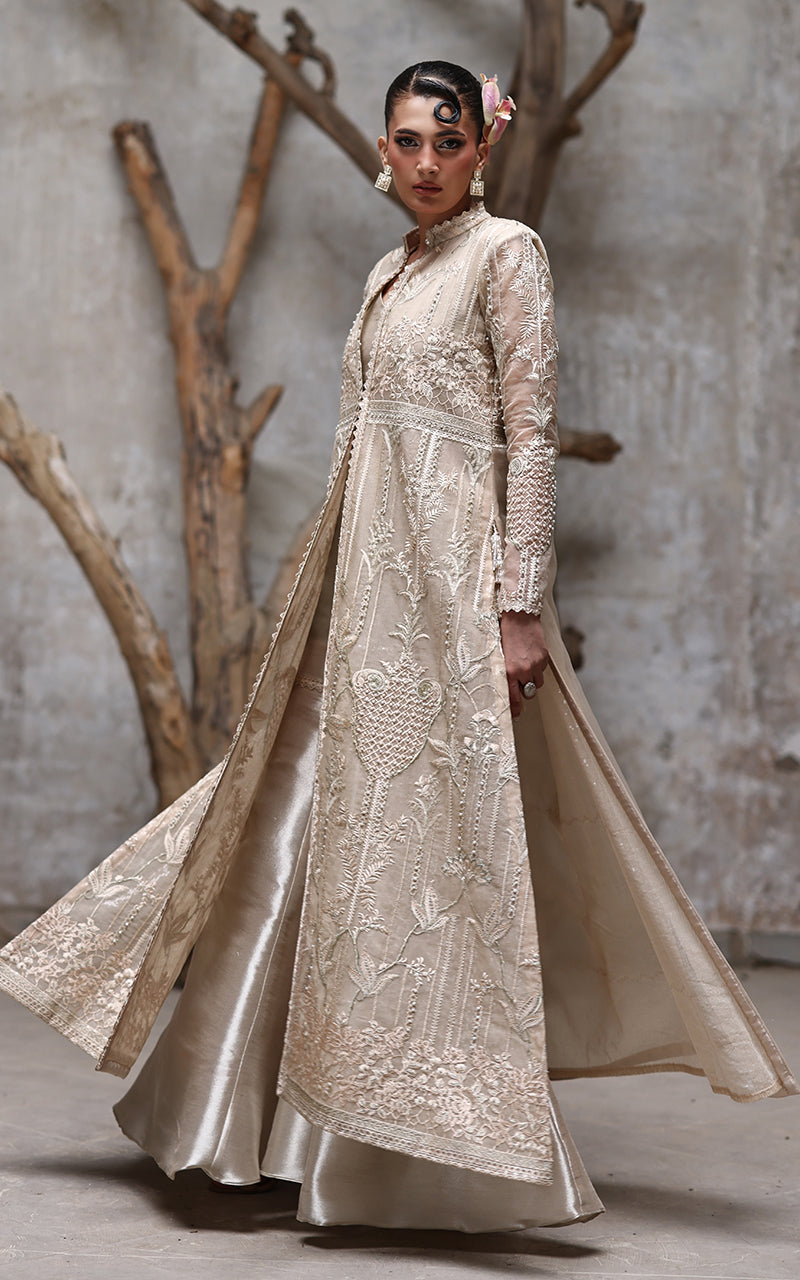 Pakistani Champagne Embroidered Net Jacket with Silk Gharara (2-Piece) - Image 1