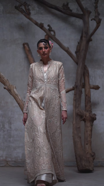 Pakistani Champagne Embroidered Net Jacket with Silk Gharara (2-Piece) - Image 2