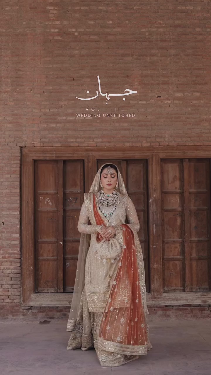 Champagne Embroidered Net & Tissue Gharara (3-Piece) - Image 11