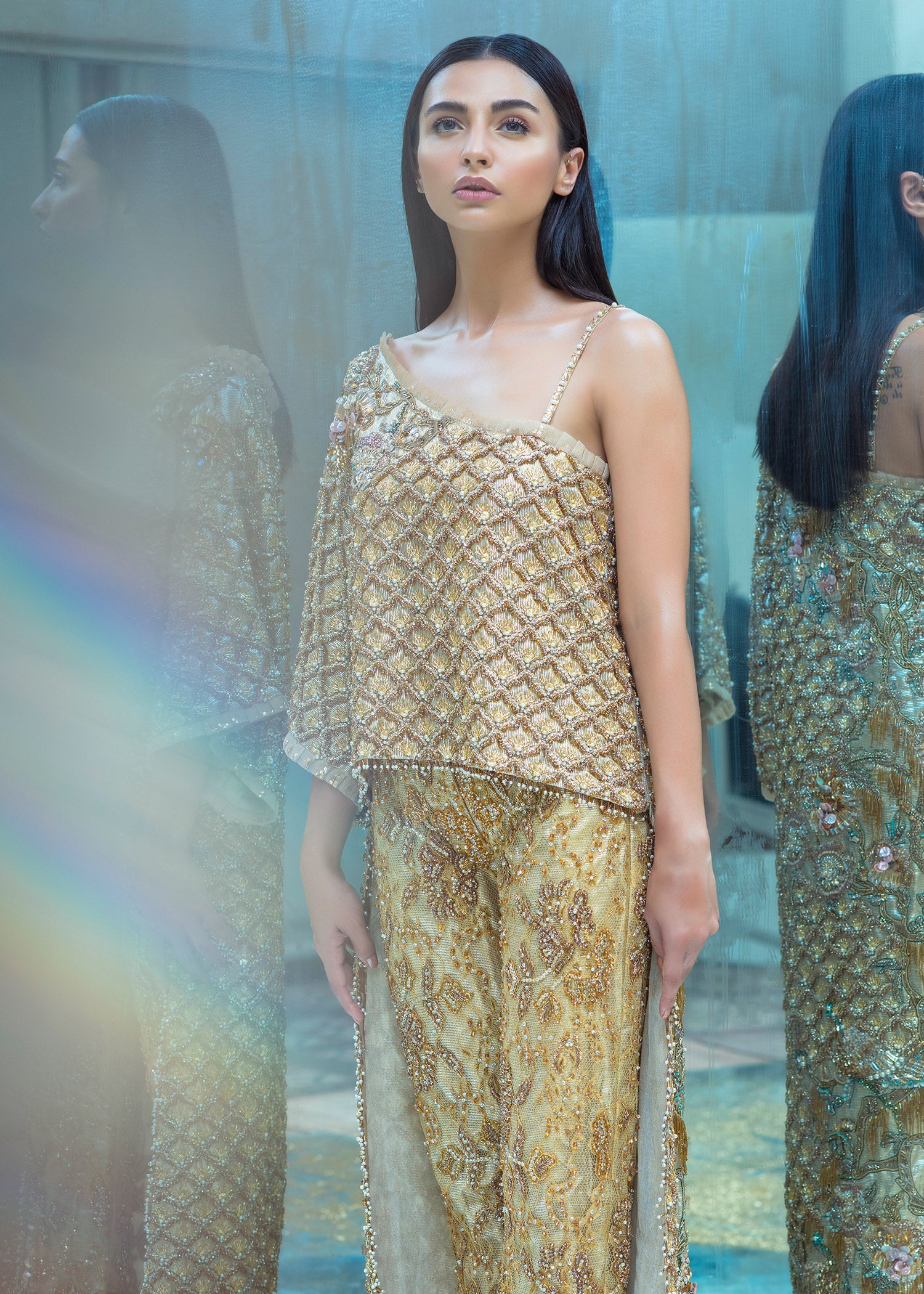 Pakistani Golden Embellished Net Silk-Blend Gharara (3-Piece) - Image 2