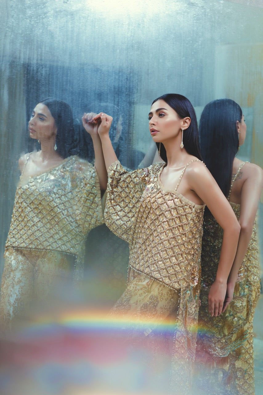 Pakistani Golden Embellished Net Silk-Blend Gharara (3-Piece) - Image 4