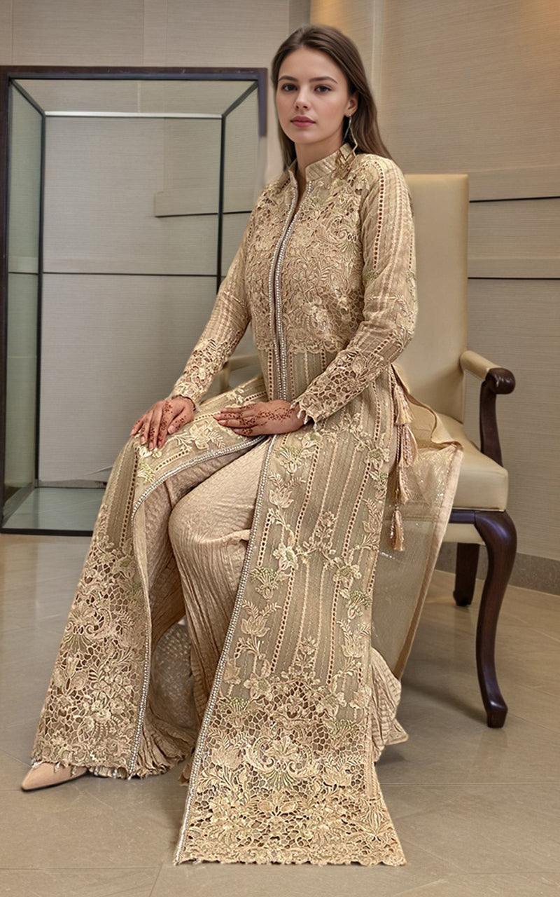 Pakistani Champagne Embroidered Organza Long Jacket Gharara (2-Piece) - Image 1