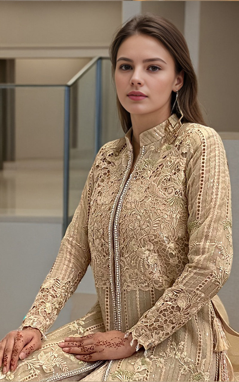 Pakistani Champagne Embroidered Organza Long Jacket Gharara (2-Piece) - Image 2