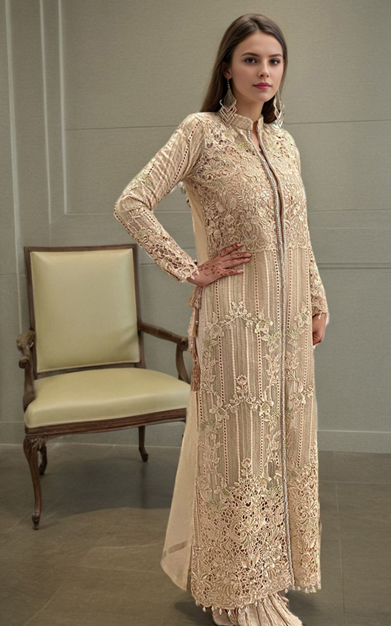 Pakistani Champagne Embroidered Organza Long Jacket Gharara (2-Piece) - Image 3