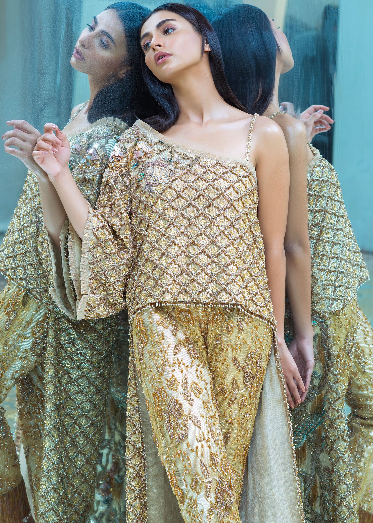 Pakistani Golden Embellished Net Organza Gharara (3-Piece) - Image 3