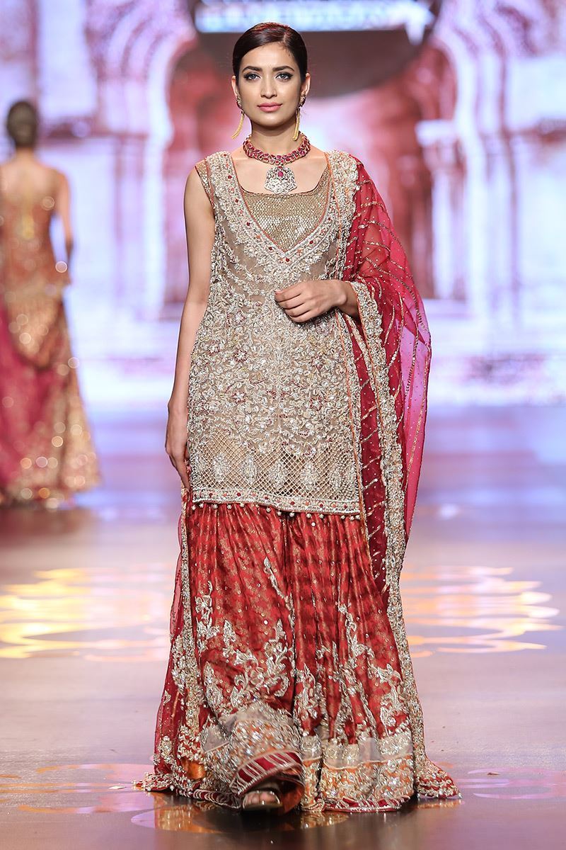 Gold Zardozi Organza Shirt with Red Jamawar Gharara (3-Piece) - Image 1