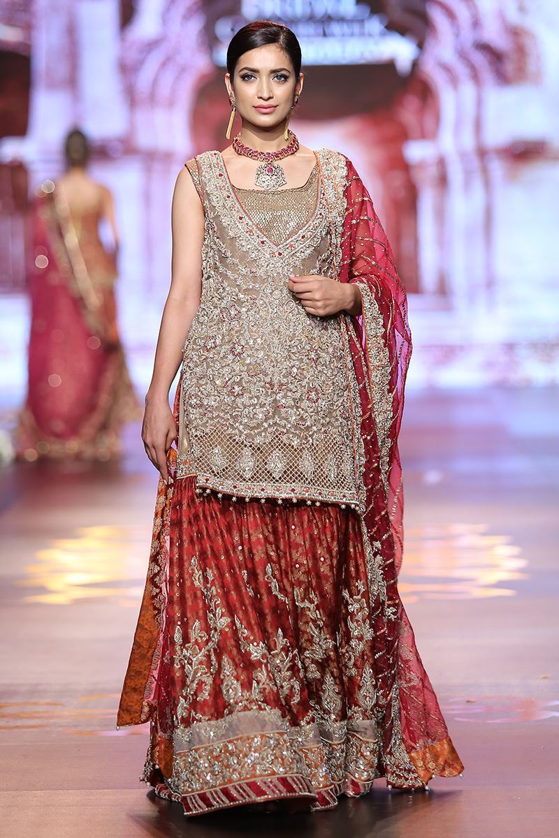 Gold Zardozi Organza Shirt with Red Jamawar Gharara (3-Piece) - Image 2