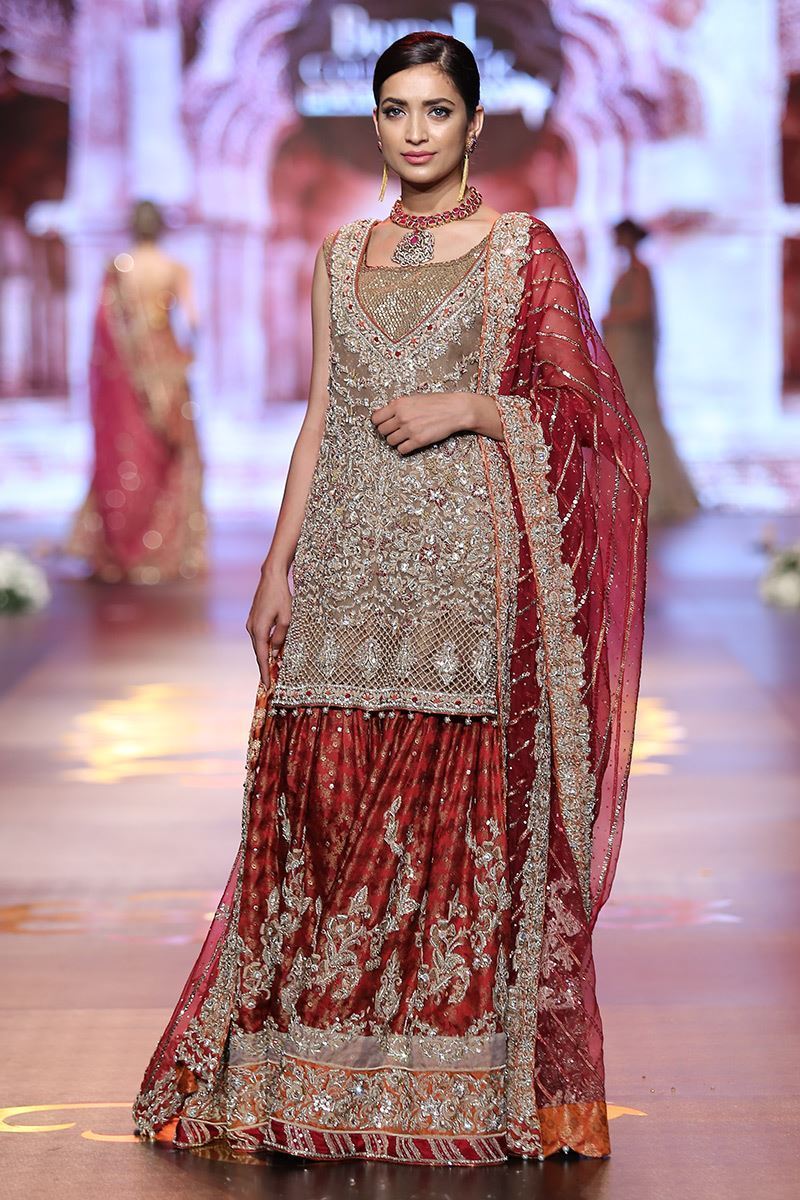 Gold Zardozi Organza Shirt with Red Jamawar Gharara (3-Piece) - Image 3