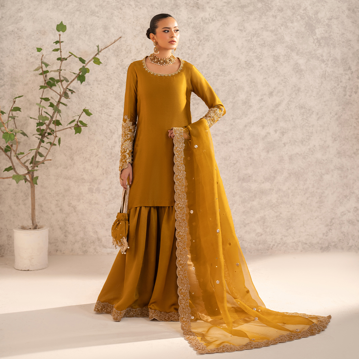 Mikago Gold Embroidered Pure Tissue Silk Gharara (4-Piece) - Image 1