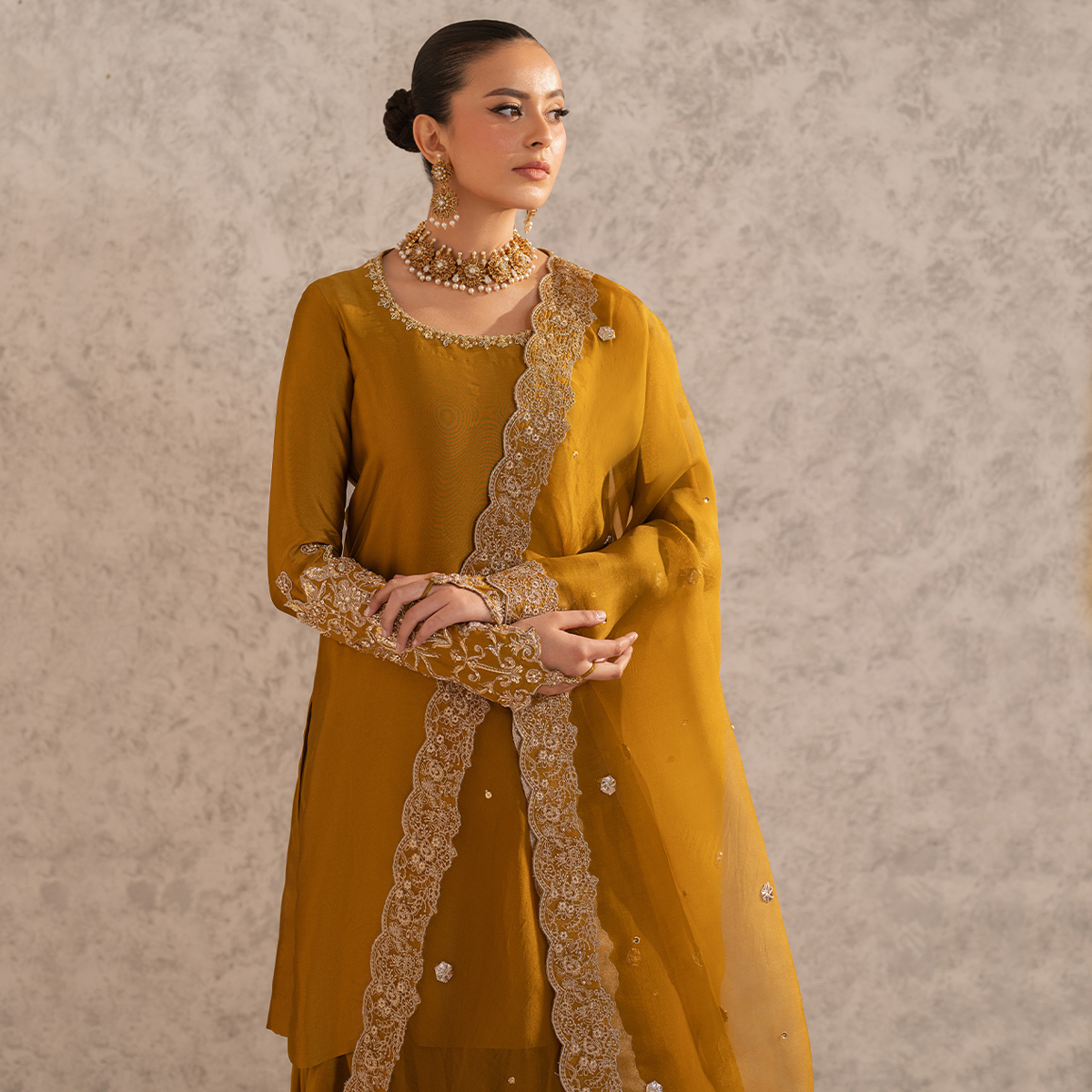 Mikago Gold Embroidered Pure Tissue Silk Gharara (4-Piece) - Image 3