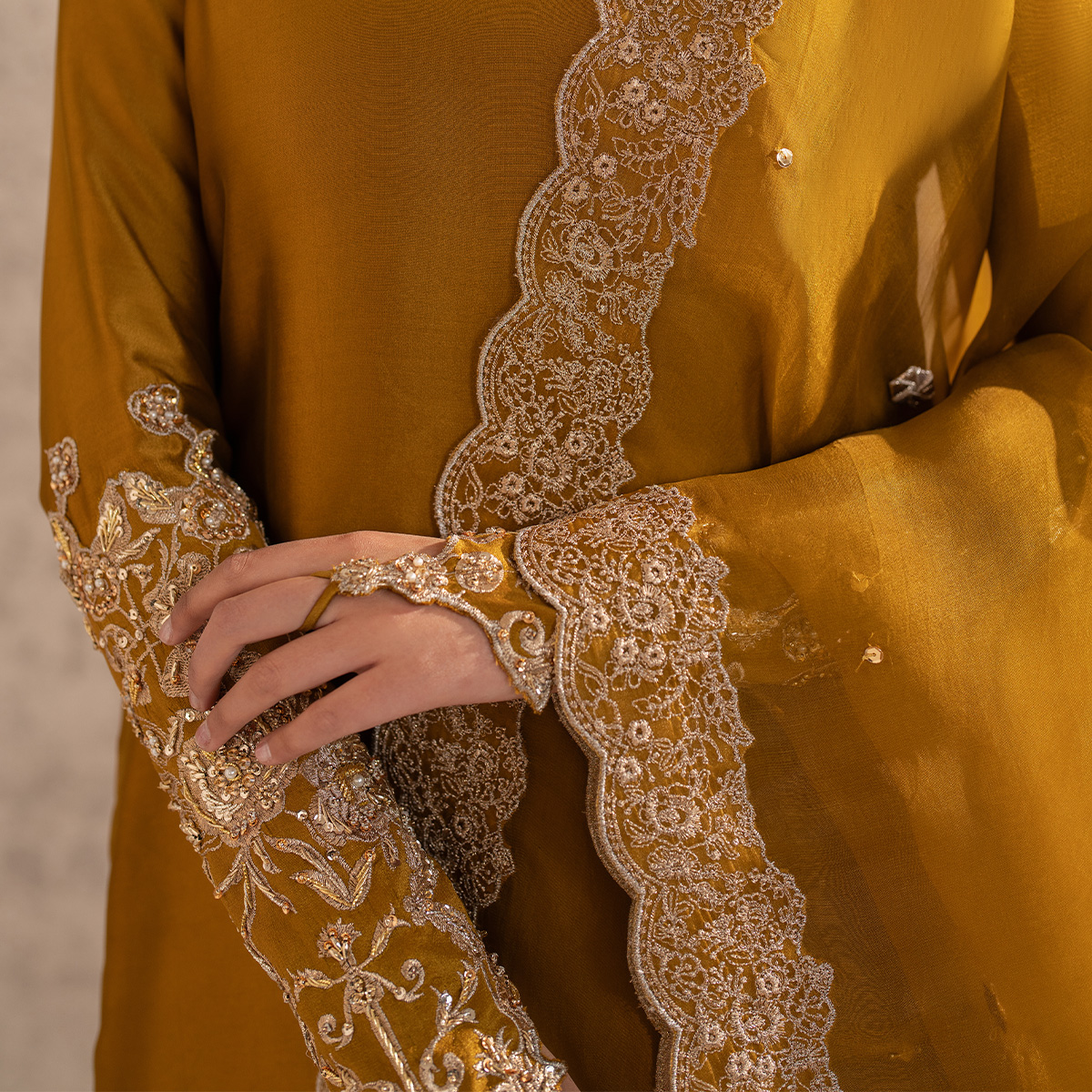 Mikago Gold Embroidered Pure Tissue Silk Gharara (4-Piece) - Image 4