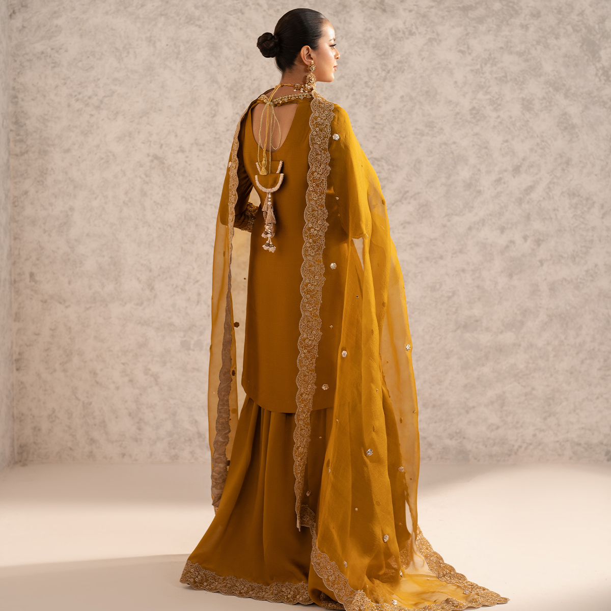 Mikago Gold Embroidered Pure Tissue Silk Gharara (4-Piece) - Image 5