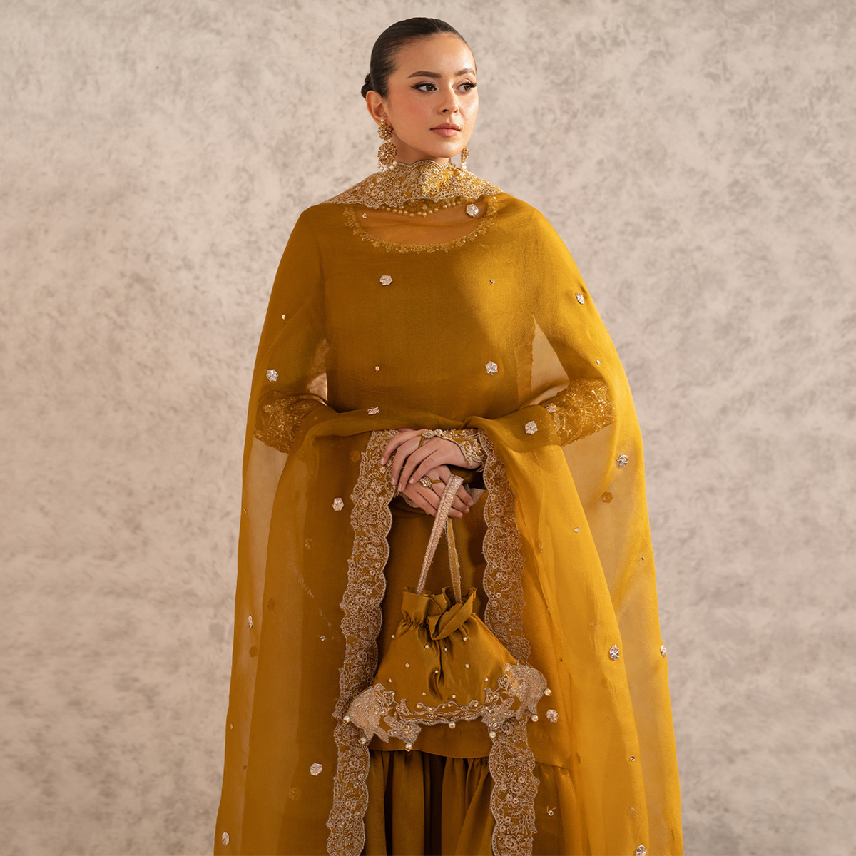 Mikago Gold Embroidered Pure Tissue Silk Gharara (4-Piece) - Image 7