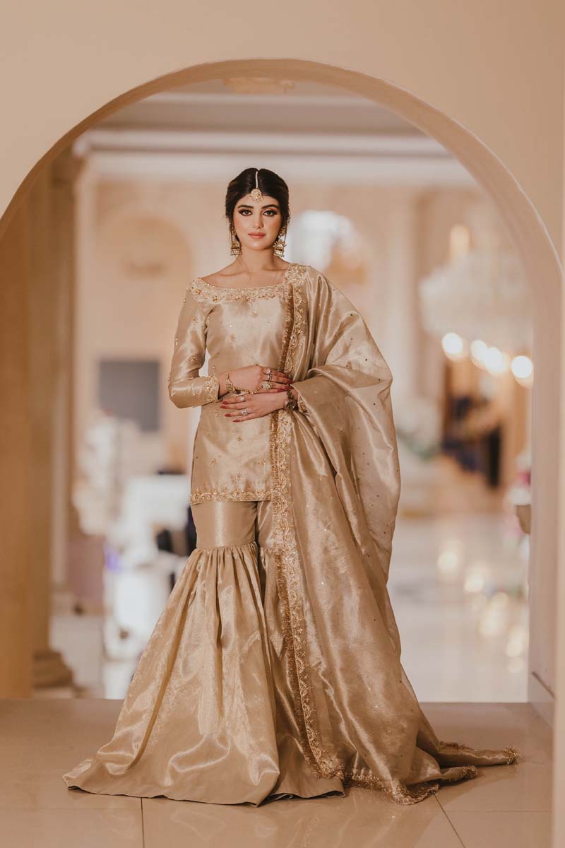 Antique Gold Hand Embellished Pure Tissue Gharara (3-Piece) - Image 1