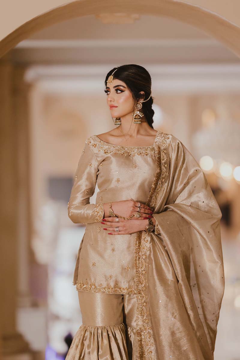 Antique Gold Hand Embellished Pure Tissue Gharara (3-Piece) - Image 5