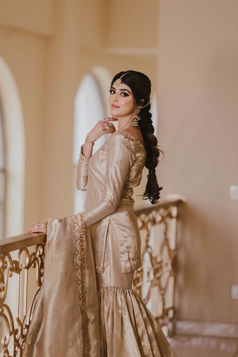 Antique Gold Hand Embellished Pure Tissue Gharara (3-Piece) - Image 6