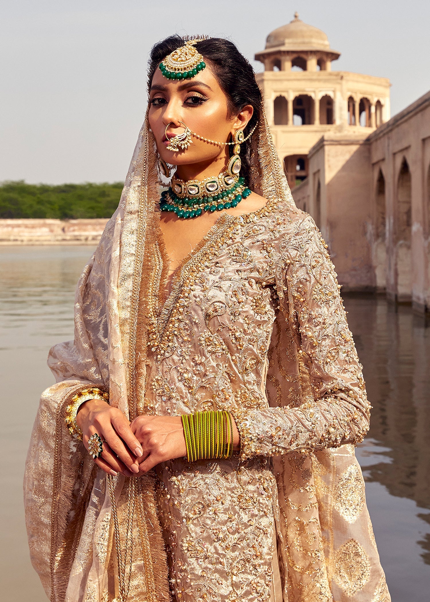 Golden Hand-Embellished Pure Tissue Gharara (3-Piece) - Image 5