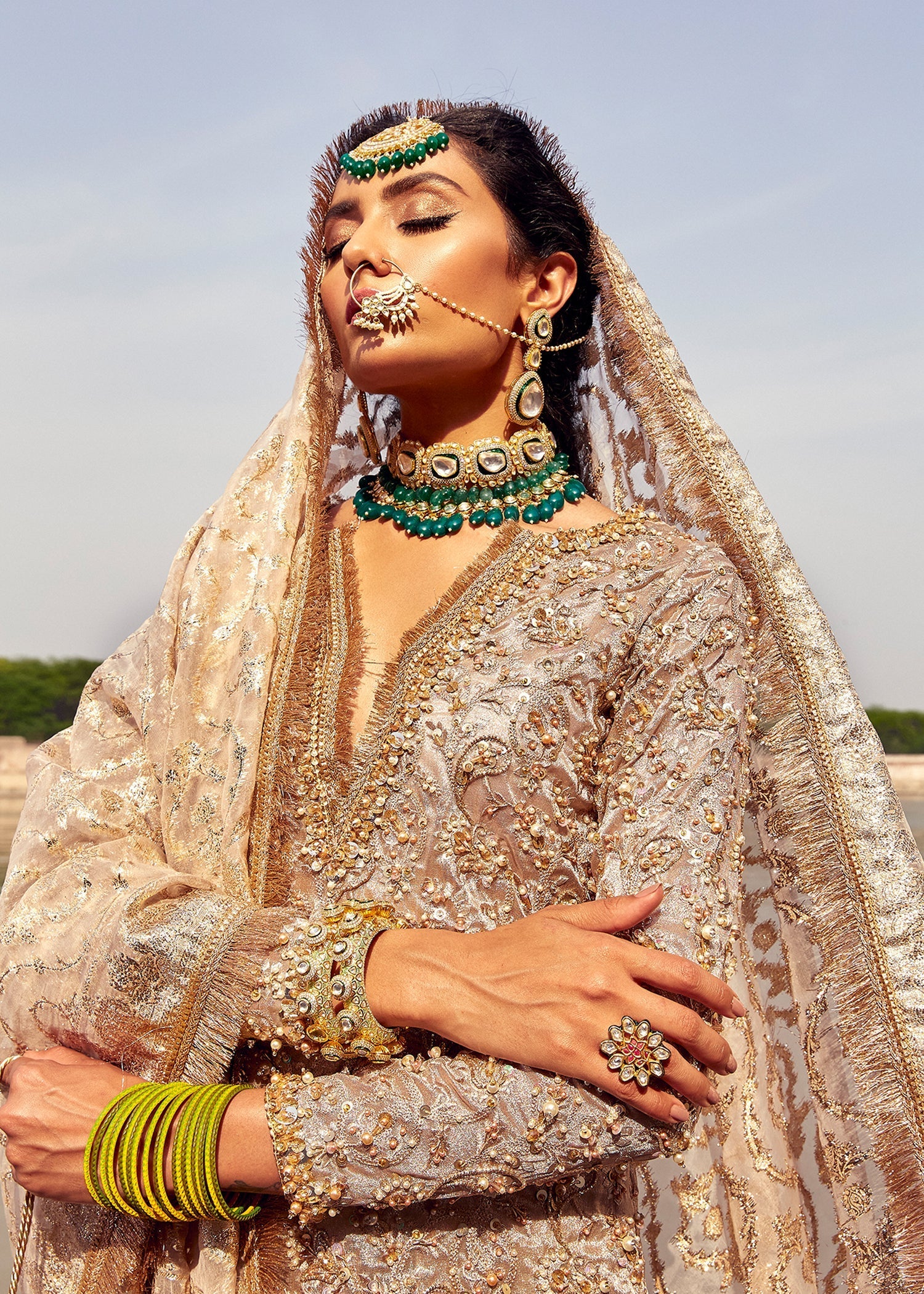 Golden Hand-Embellished Pure Tissue Gharara (3-Piece) - Image 6