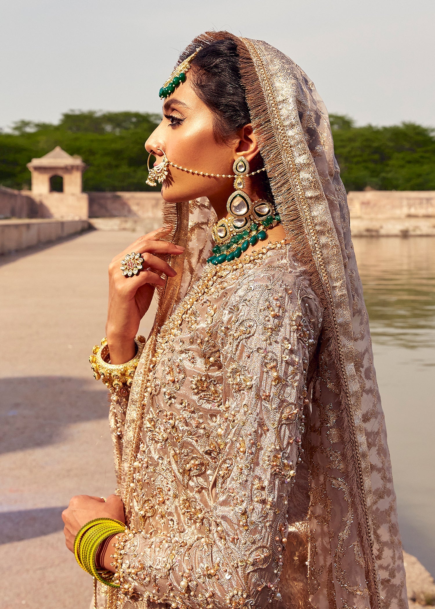 Golden Hand-Embellished Pure Tissue Gharara (3-Piece) - Image 7