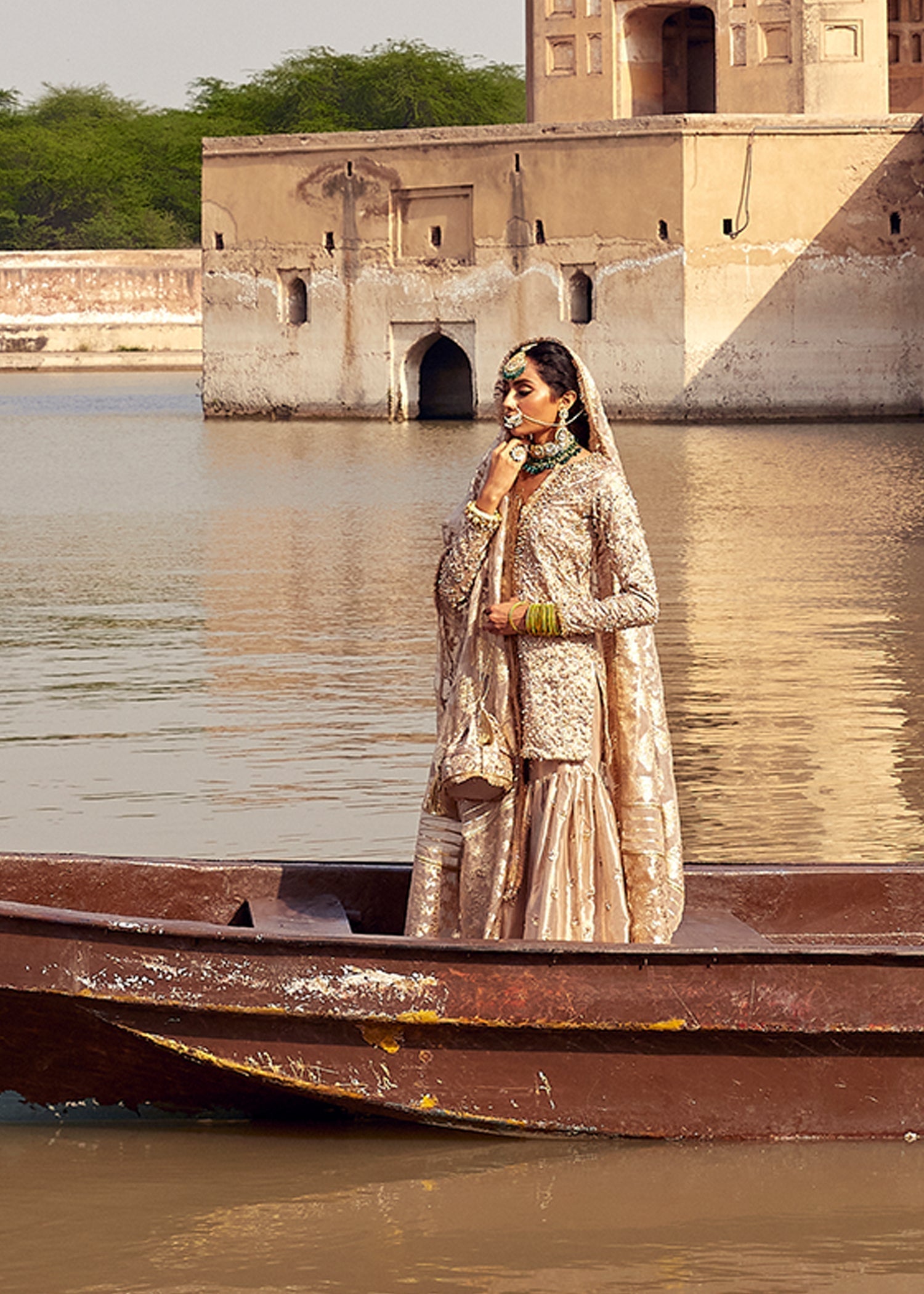 Golden Hand-Embellished Pure Tissue Gharara (3-Piece) - Image 8