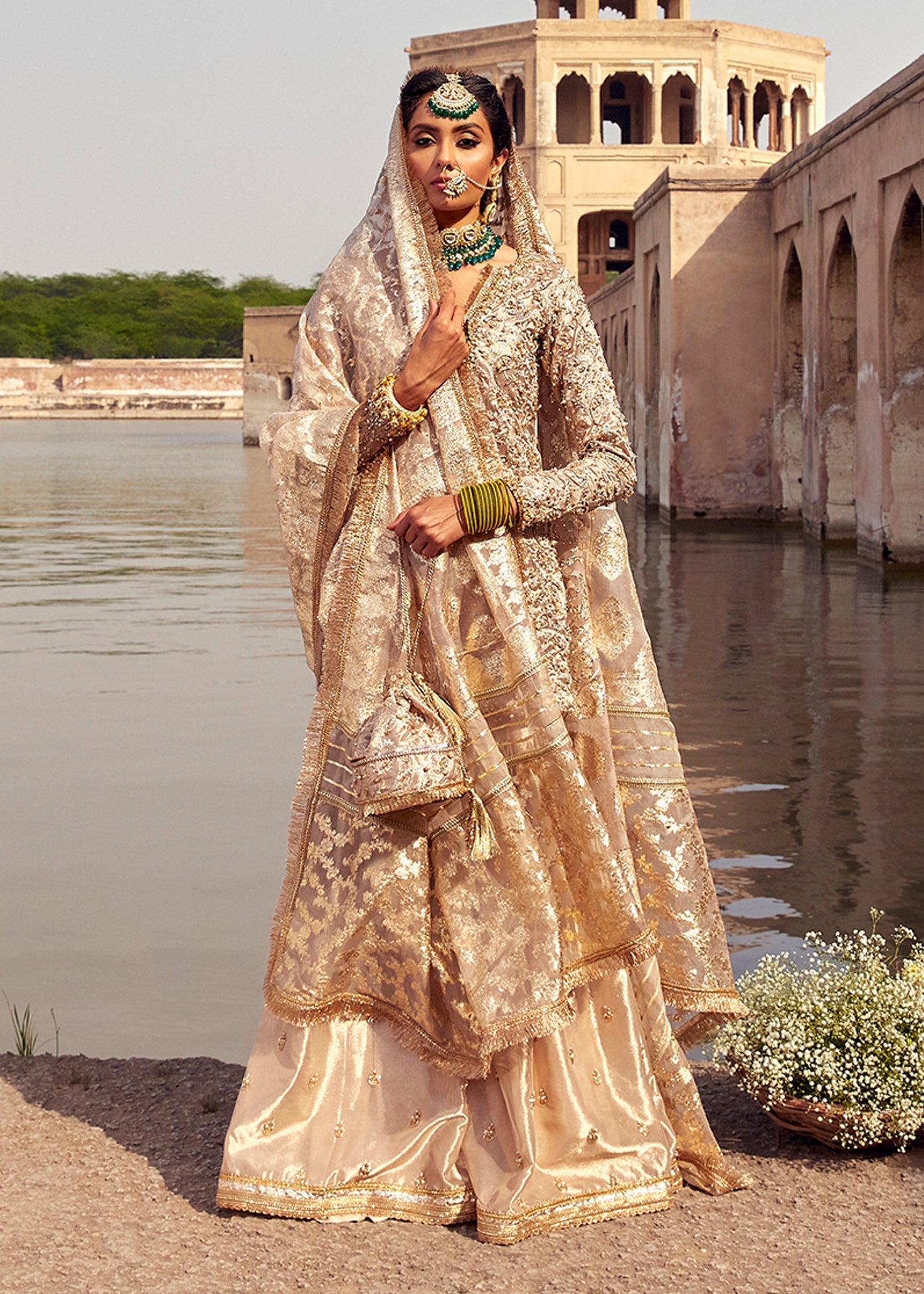 Golden Hand-Embellished Pure Tissue Gharara (3-Piece) - Image 1