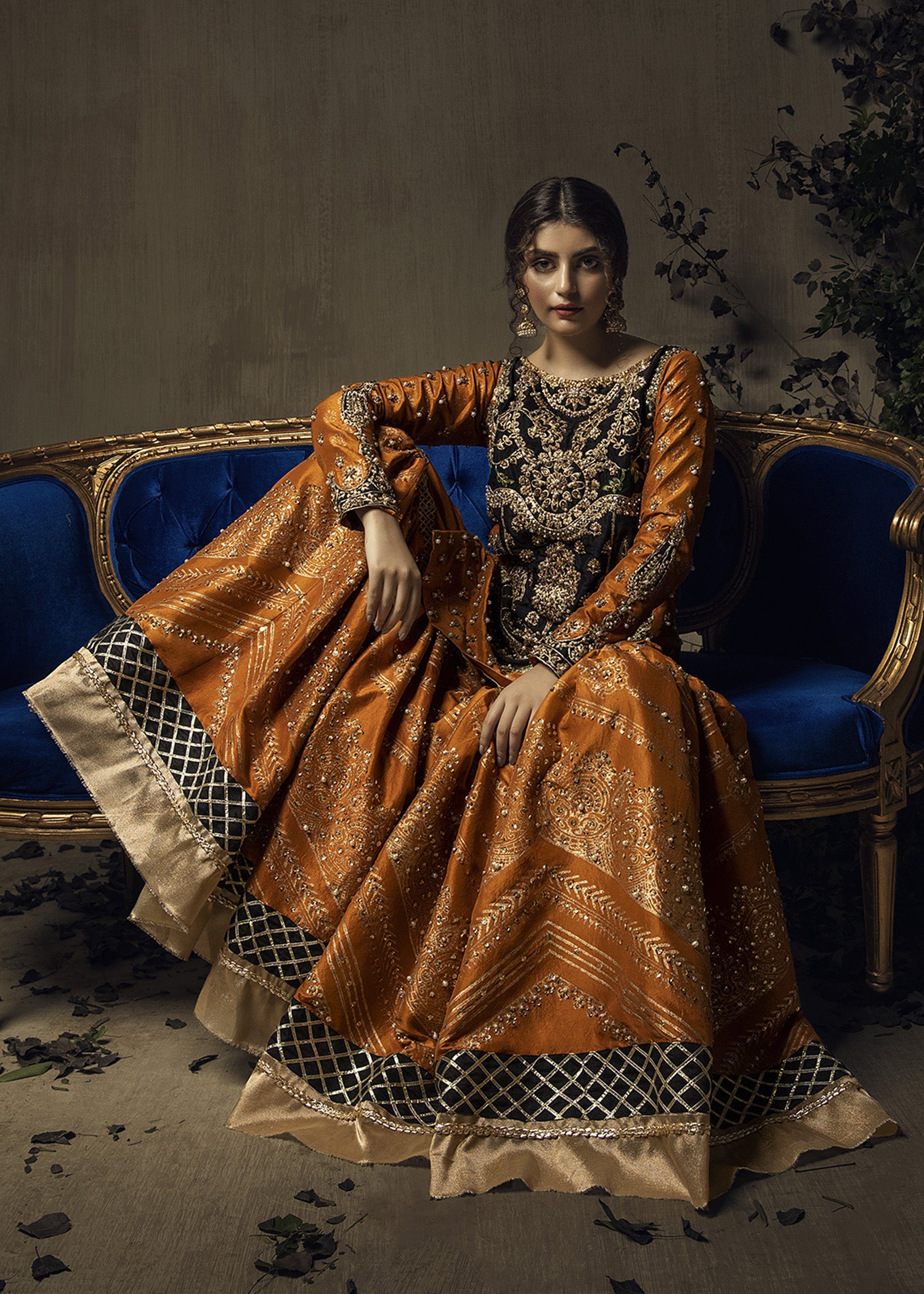 Pakistani Antique Gold & Black Embroidered Raw Silk Gharara (3-Piece) - Image 1