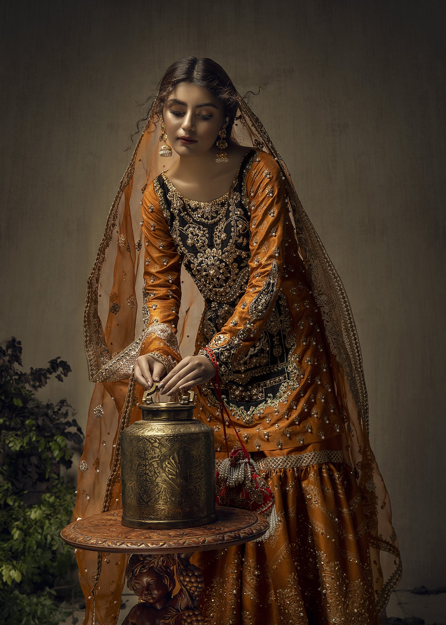 Pakistani Antique Gold & Black Embroidered Raw Silk Gharara (3-Piece) - Image 2