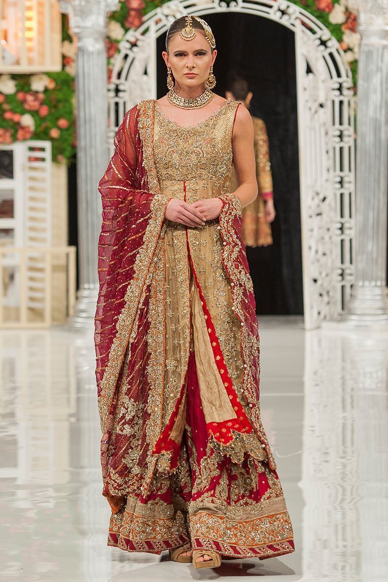 Pakistani Gold Ganga Jamni Net Gown with Red Gharara (3-Piece) - Image 1