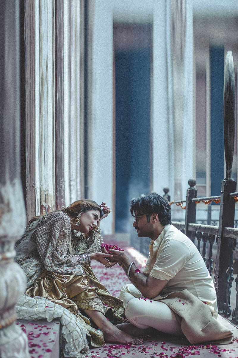 Pakistani Gold Embroidered Raw Silk Kurta Gharara (3-Piece) - Image 1