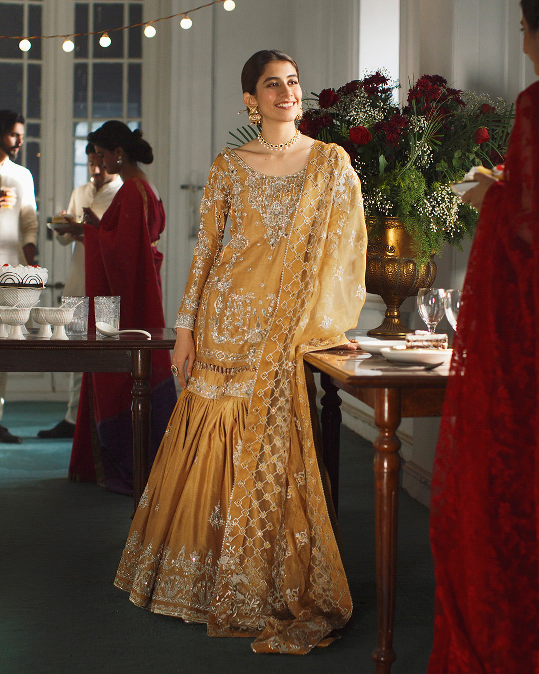 Gold Mustard Embroidered Silk Gharara Set (3-Piece) - Image 1