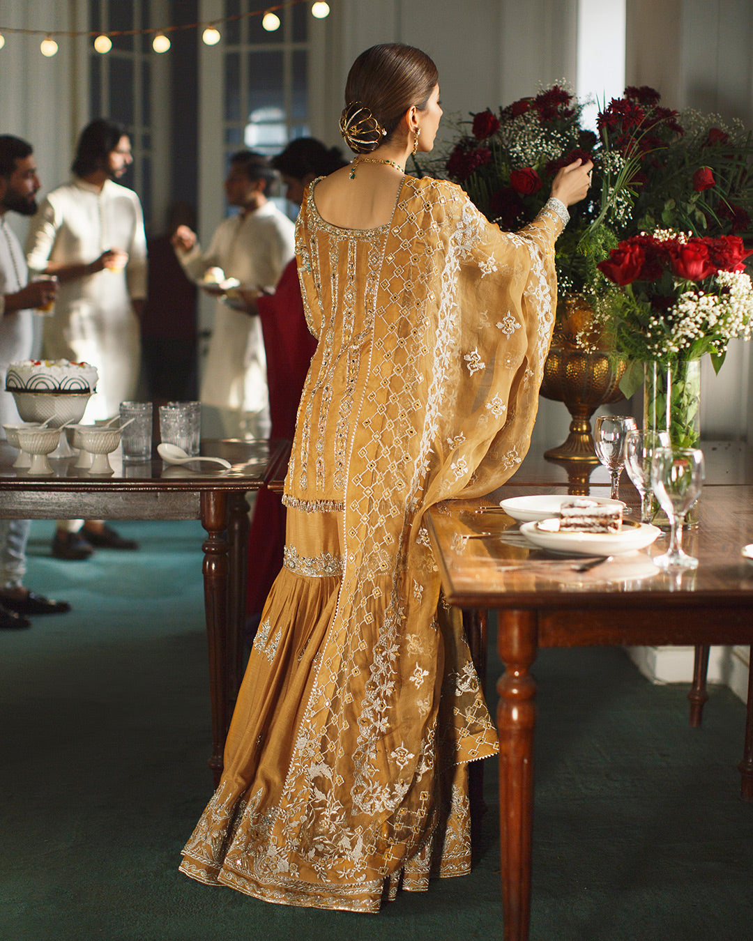 Gold Mustard Embroidered Silk Gharara Set (3-Piece) - Image 3