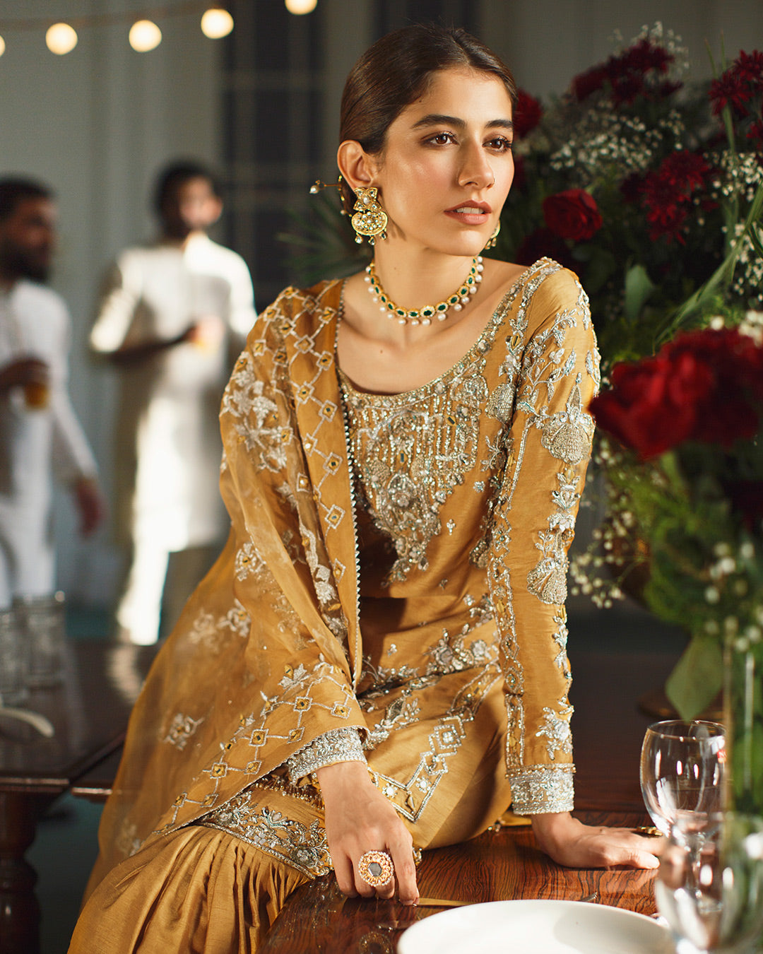 Gold Mustard Embroidered Silk Gharara Set (3-Piece) - Image 4