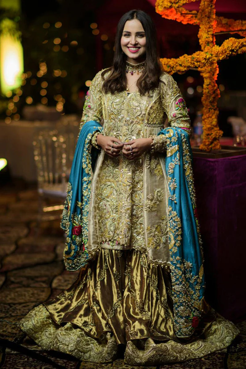 Pakistani Gold Embroidered Raw Silk Bridal Gharara (3-Piece) - Image 1