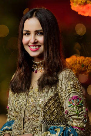 Pakistani Gold Embroidered Raw Silk Bridal Gharara (3-Piece) - Image 4